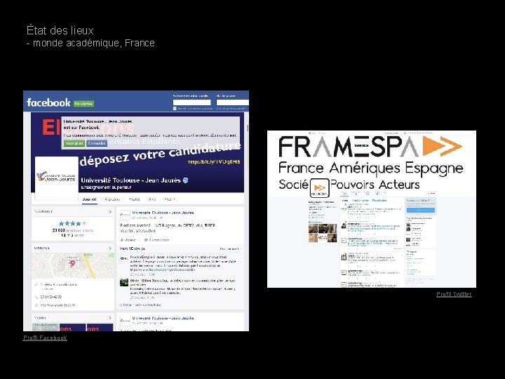 État des lieux - monde académique, France Profil Twitter Profil Facebook 