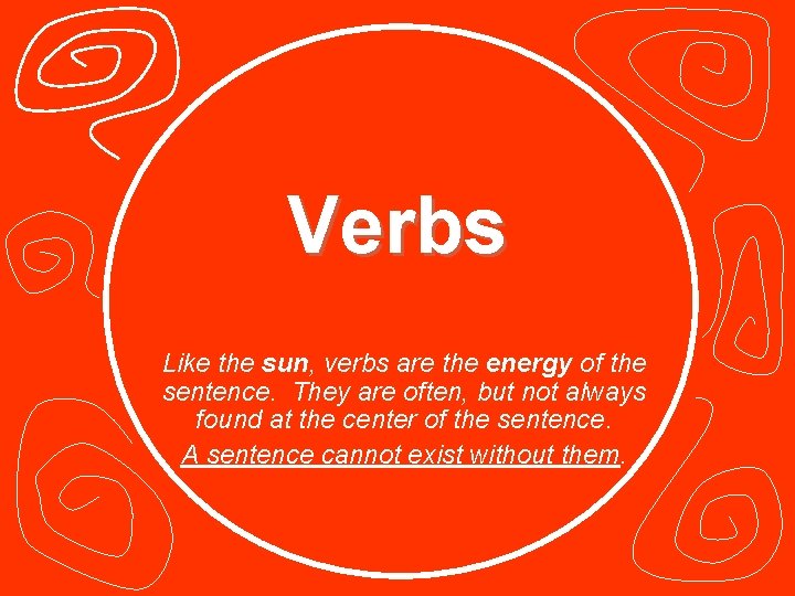 Verbs Like the sun, verbs are the energy of the sentence. They are often,