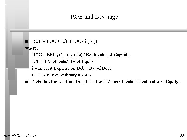 ROE and Leverage ROE = ROC + D/E (ROC - i (1 -t)) where,