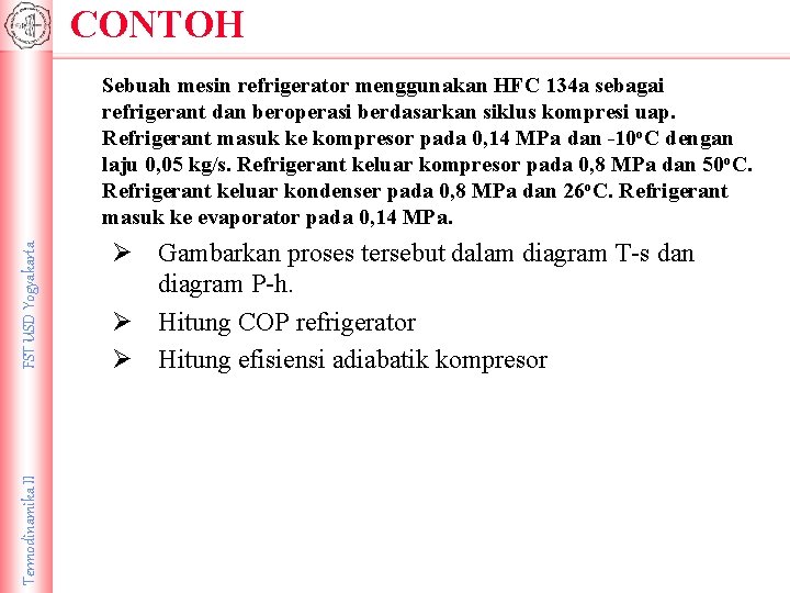 CONTOH Termodinamika II FST USD Yogyakarta Sebuah mesin refrigerator menggunakan HFC 134 a sebagai