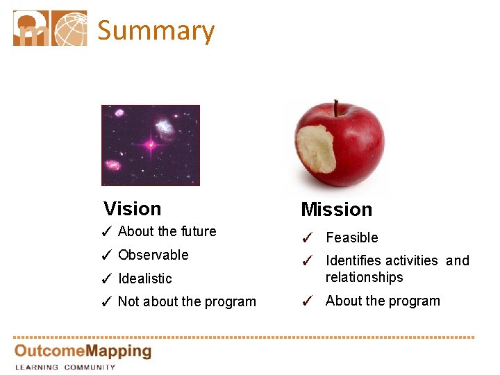 Summary Vision Mission ✓ About the future ✓ Feasible ✓ Observable ✓ Idealistic ✓