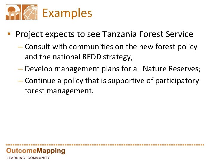 Examples • Project expects to see Tanzania Forest Service – Consult with communities on