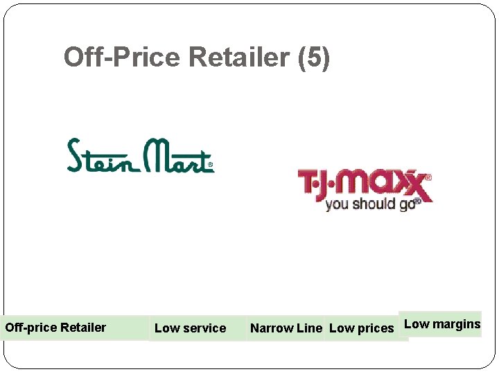 Off-Price Retailer (5) Off-price Retailer Low service Narrow Line Low. Prices prices Low margins