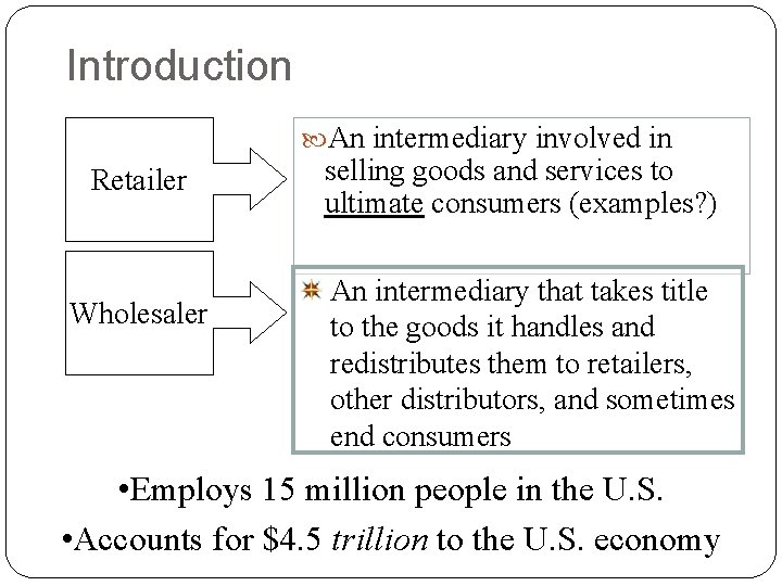 Introduction An intermediary involved in Retailer Wholesaler selling goods and services to ultimate consumers