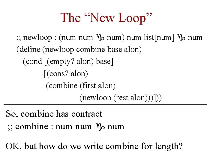 The “New Loop” ; ; newloop : (num g num) num list[num] g num