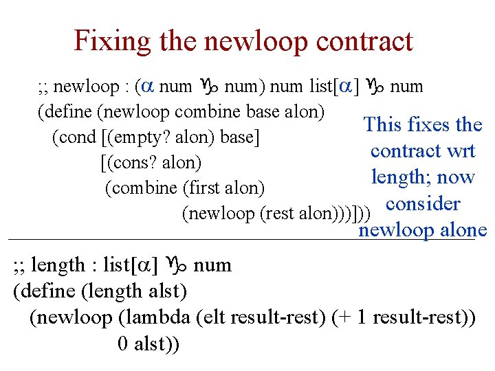 Fixing the newloop contract ; ; newloop : (a num g num) num list[a]