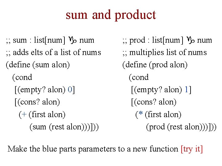 sum and product ; ; sum : list[num] g num ; ; adds elts