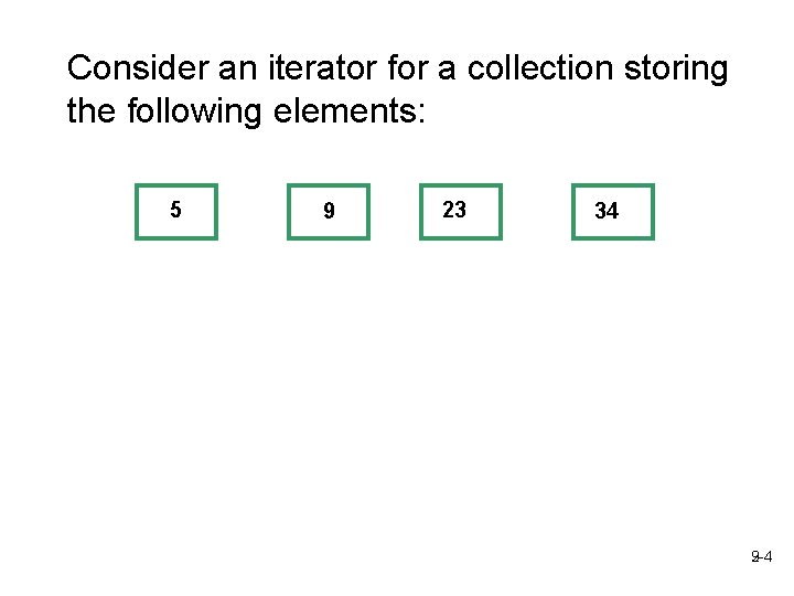 Consider an iterator for a collection storing the following elements: 5 9 23 34