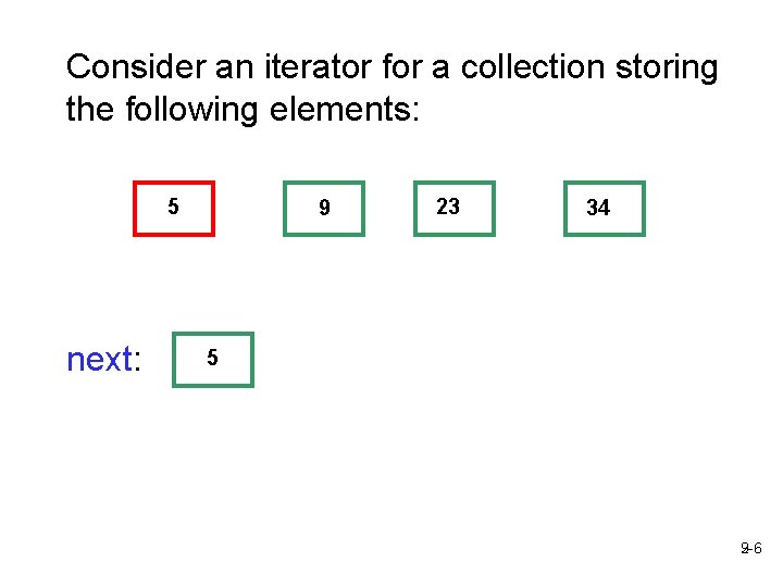 Consider an iterator for a collection storing the following elements: 5 next: 9 23