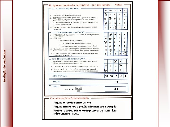 Avaliação de Seminários 31 36 7 78 3, 9 - Alguns erros de concordância.