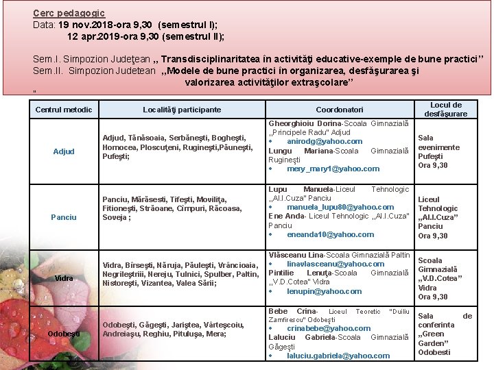 Cerc pedagogic Data: 19 nov. 2018 -ora 9, 30 (semestrul I); 12 apr. 2019