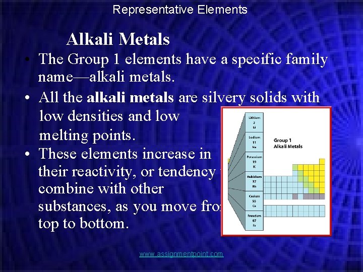 Representative Elements Alkali Metals • The Group 1 elements have a specific family name—alkali