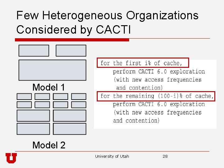 Few Heterogeneous Organizations Considered by CACTI Model 1 Model 2 University of Utah 28