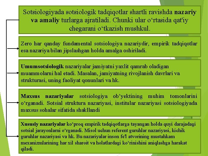 Sotsiologiyada sotsiologik tadqiqotlar shartli ravishda nazariy va amaliy turlarga ajratiladi. Chunki ular o‘rtasida qat'iy