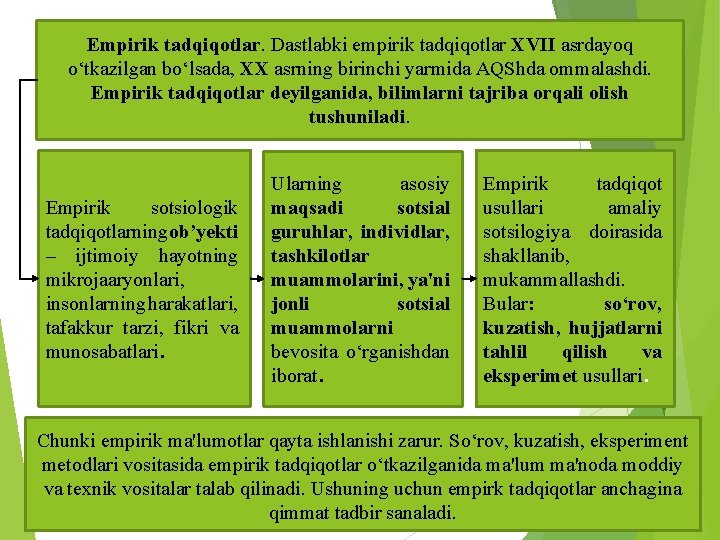 Empirik tadqiqotlar. Dastlabki empirik tadqiqotlar XVII asrdayoq o‘tkazilgan bo‘lsada, XX asrning birinchi yarmida AQShda