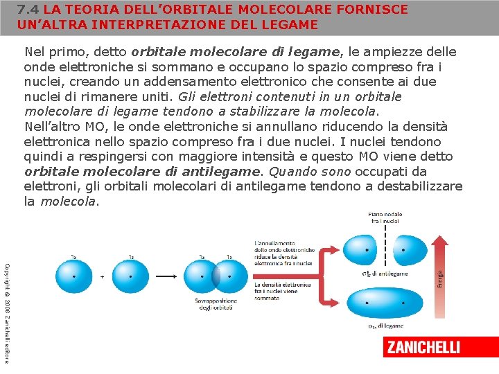 7. 4 LA TEORIA DELL’ORBITALE MOLECOLARE FORNISCE UN’ALTRA INTERPRETAZIONE DEL LEGAME Nel primo, detto