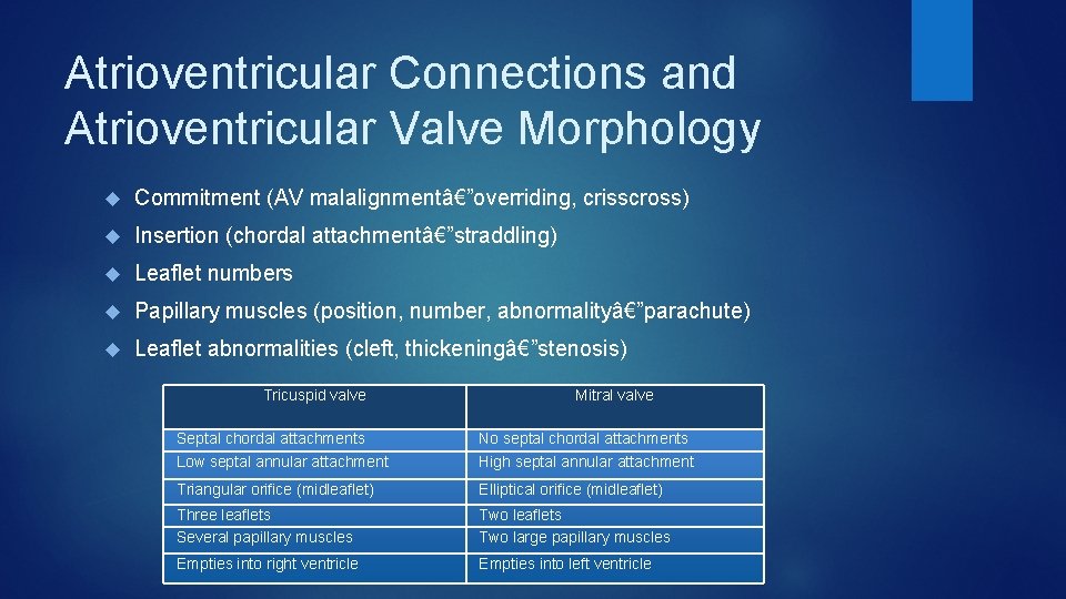 Atrioventricular Connections and Atrioventricular Valve Morphology Commitment (AV malalignmentâ€”overriding, crisscross) Insertion (chordal attachmentâ€”straddling) Leaflet