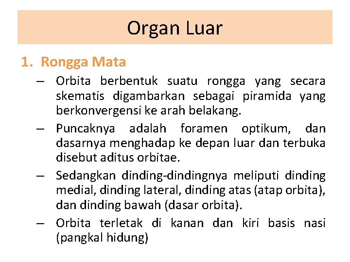 Organ Luar 1. Rongga Mata – Orbita berbentuk suatu rongga yang secara skematis digambarkan