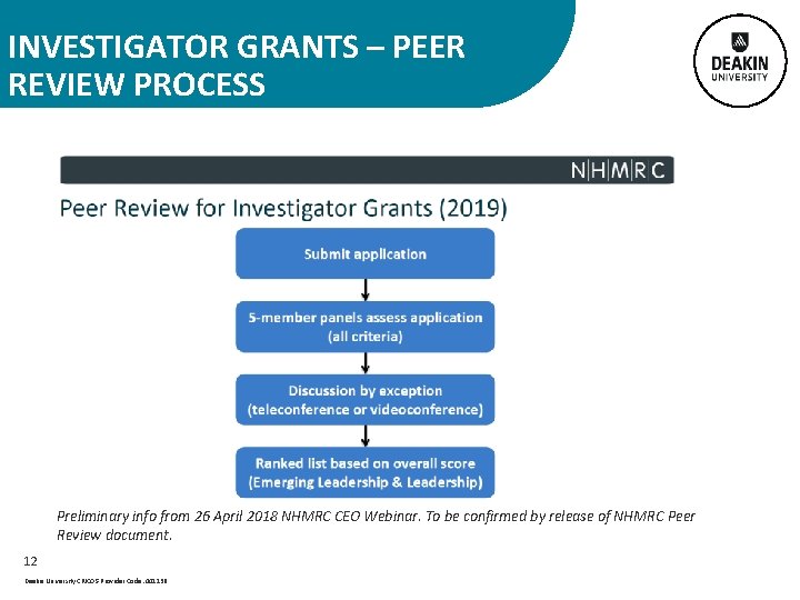 INVESTIGATOR GRANTS – PEER REVIEW PROCESS Preliminary info from 26 April 2018 NHMRC