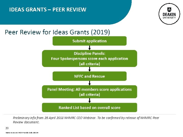  IDEAS GRANTS – PEER REVIEW Preliminary info from 26 April 2018 NHMRC CEO