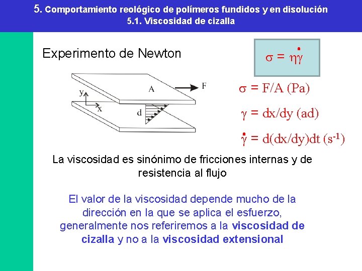 5. Comportamiento reológico de polímeros fundidos y en disolución 5. 1. Viscosidad de cizalla 5. Comportamiento reológico de polímeros fundidos y en disolución 5. 1. Viscosidad de cizalla