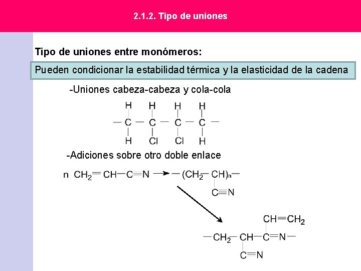2. 1. 2. Tipo de uniones entre monómeros: Pueden condicionar la estabilidad térmica y 2. 1. 2. Tipo de uniones entre monómeros: Pueden condicionar la estabilidad térmica y