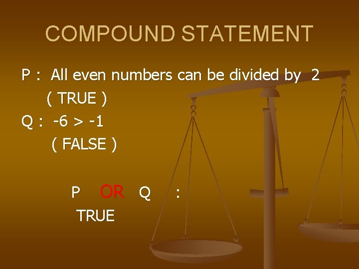 COMPOUND STATEMENT P : All even numbers can be divided by 2 ( TRUE