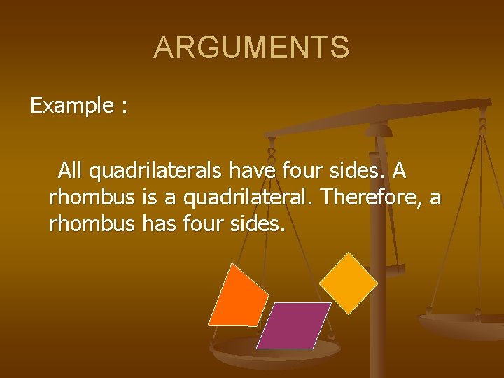 ARGUMENTS Example : All quadrilaterals have four sides. A rhombus is a quadrilateral. Therefore,