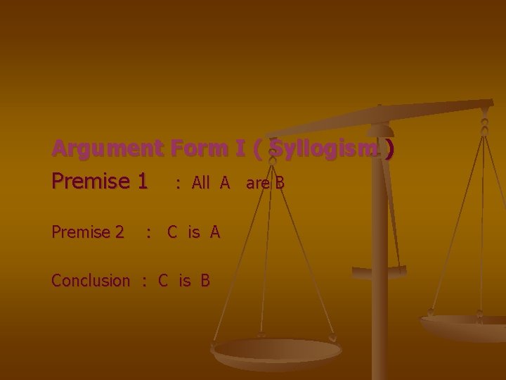 Argument Form I ( Syllogism ) Premise 1 : All A are B Premise
