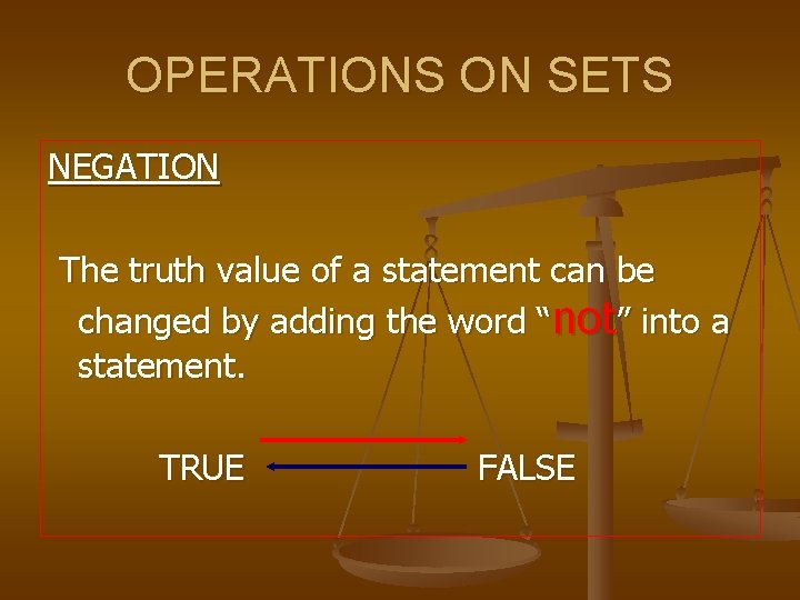 OPERATIONS ON SETS NEGATION The truth value of a statement can be changed by