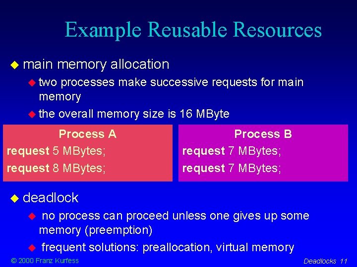 Example Reusable Resources main memory allocation two processes make successive requests for main memory