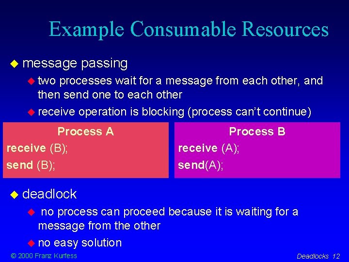 Example Consumable Resources message passing two processes wait for a message from each other,