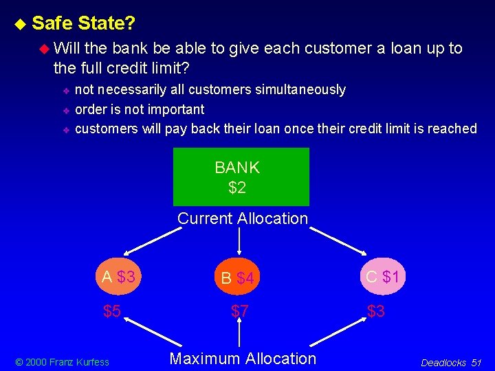  Safe State? Will the bank be able to give each customer a loan