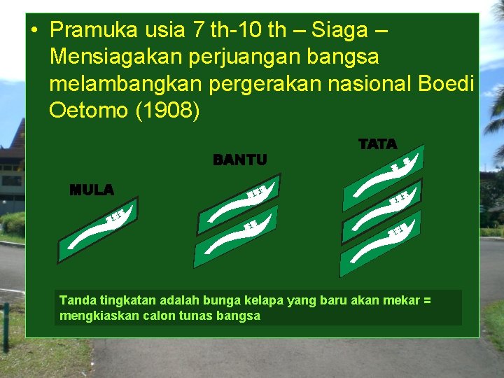  • Pramuka usia 7 th-10 th – Siaga – Mensiagakan perjuangan bangsa melambangkan