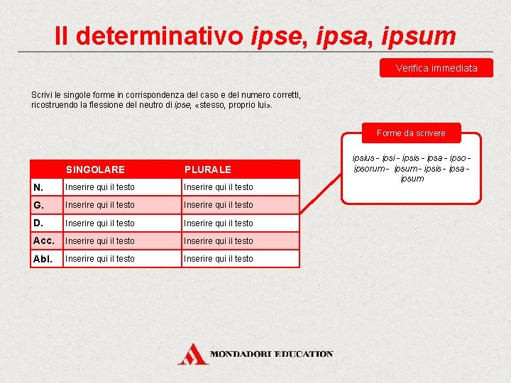 Il determinativo ipse, ipsa, ipsum Verifica immediata Scrivi le singole forme in corrispondenza del