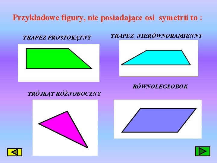 Przykładowe figury, nie posiadające osi symetrii to : TRAPEZ PROSTOKĄTNY TRAPEZ NIERÓWNORAMIENNY RÓWNOLEGŁOBOK TRÓJKĄT