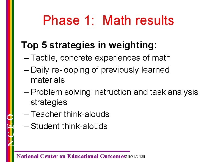 Phase 1: Math results NCEO Top 5 strategies in weighting: – Tactile, concrete experiences