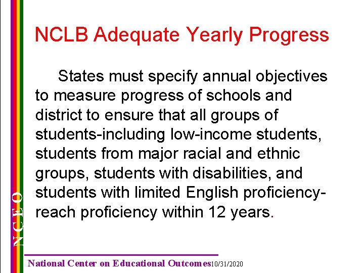 NCEO NCLB Adequate Yearly Progress States must specify annual objectives to measure progress of