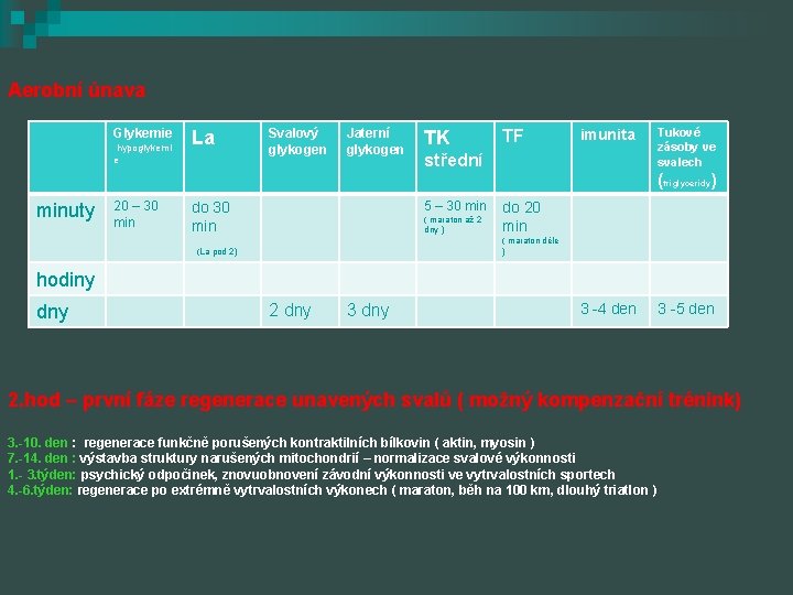 Aerobní únava Glykemie hypoglykemi e La Svalový glykogen Jaterní glykogen TK TF imunita střední