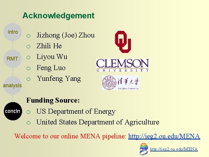 Acknowledgement intro RMT analysis concln o o o Jizhong (Joe) Zhou Zhili He Liyou