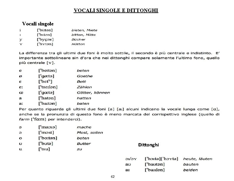 VOCALI SINGOLE E DITTONGHI Vocali singole Dittonghi 62 11 8 