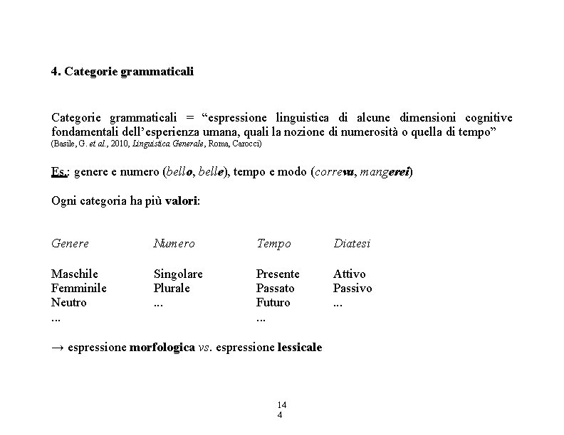 4. Categorie grammaticali = “espressione linguistica di alcune dimensioni cognitive fondamentali dell’esperienza umana, quali