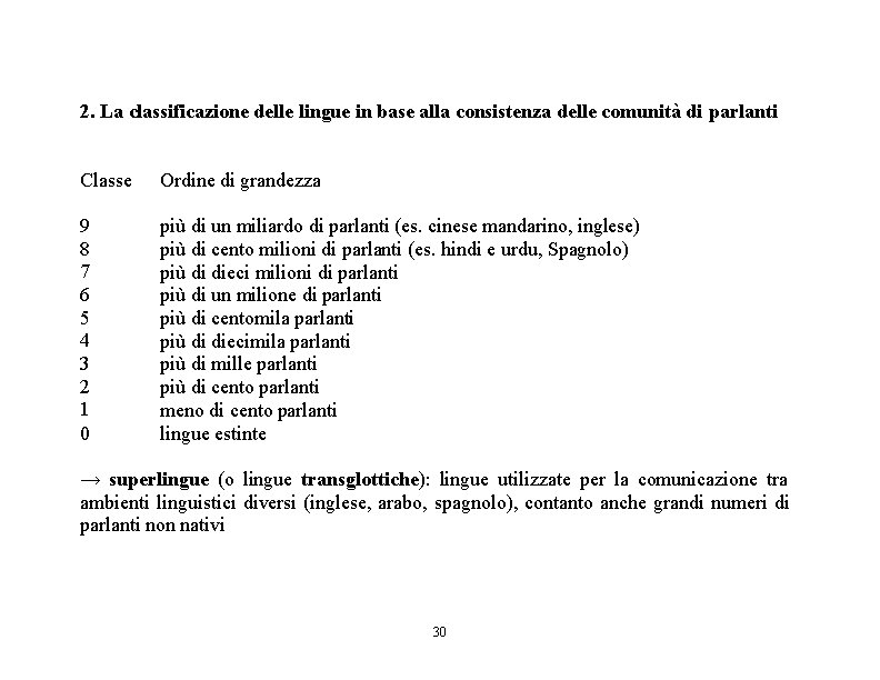 2. La classificazione delle lingue in base alla consistenza delle comunità di parlanti Classe