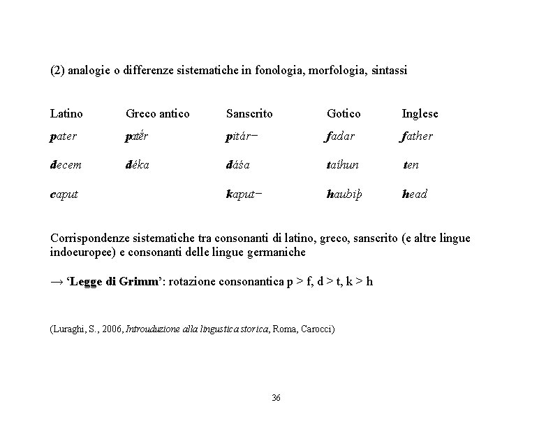 (2) analogie o differenze sistematiche in fonologia, morfologia, sintassi Latino Greco antico Sanscrito Gotico