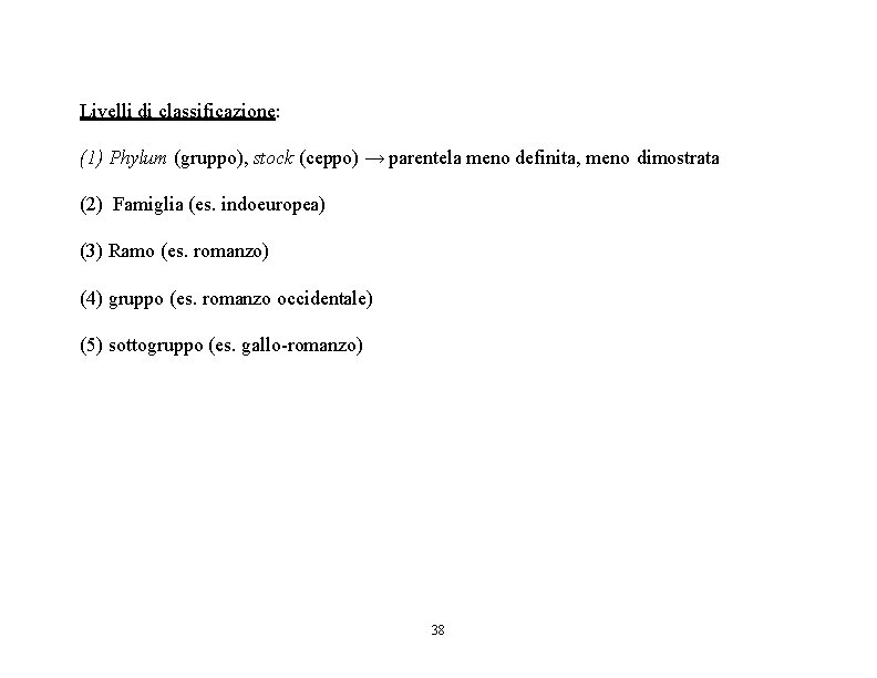 Livelli di classificazione: (1) Phylum (gruppo), stock (ceppo) → parentela meno definita, meno dimostrata
