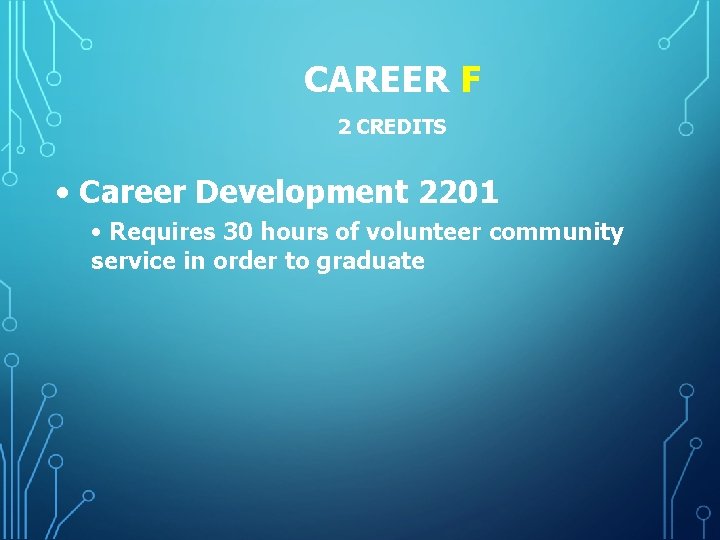 CAREER F 2 CREDITS • Career Development 2201 • Requires 30 hours of volunteer