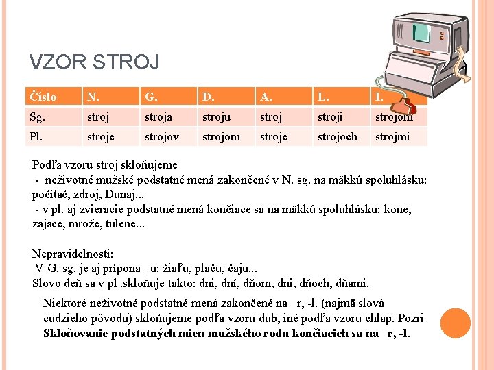 VZOR STROJ Číslo N. G. D. A. L. I. Sg. stroja stroju stroji strojom