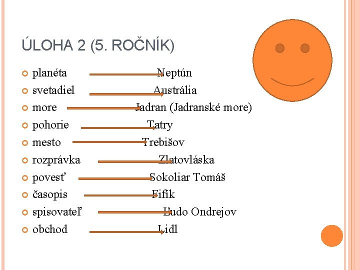 ÚLOHA 2 (5. ROČNÍK) planéta svetadiel more pohorie mesto rozprávka povesť časopis spisovateľ obchod