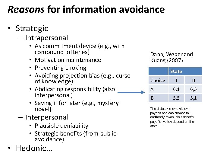 Reasons for information avoidance • Strategic – Intrapersonal • As commitment device (e. g.