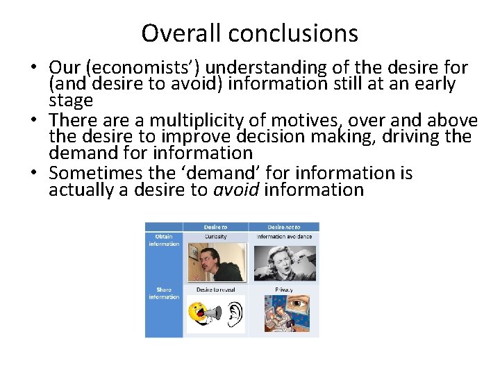 Overall conclusions • Our (economists’) understanding of the desire for (and desire to avoid)
